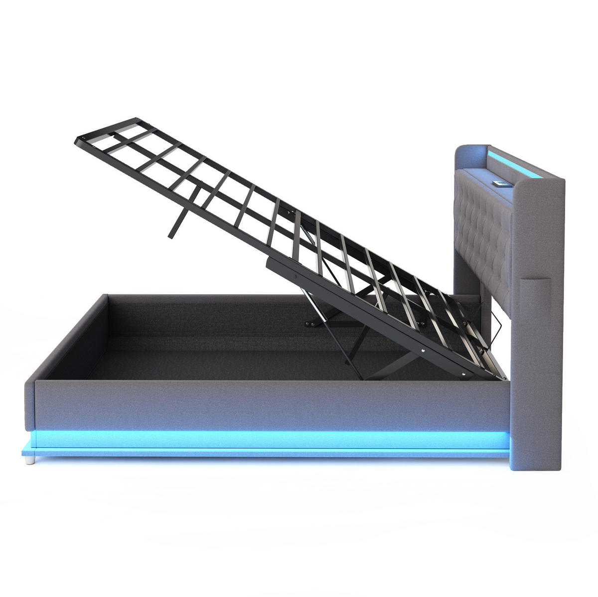 ČALÚNENÁ posteľ z látky 140x200 cm sivá s LED osvetlením, USB portom a hydraulickým úložným priestorom - sivá, textil (140/200cm) - Modfu