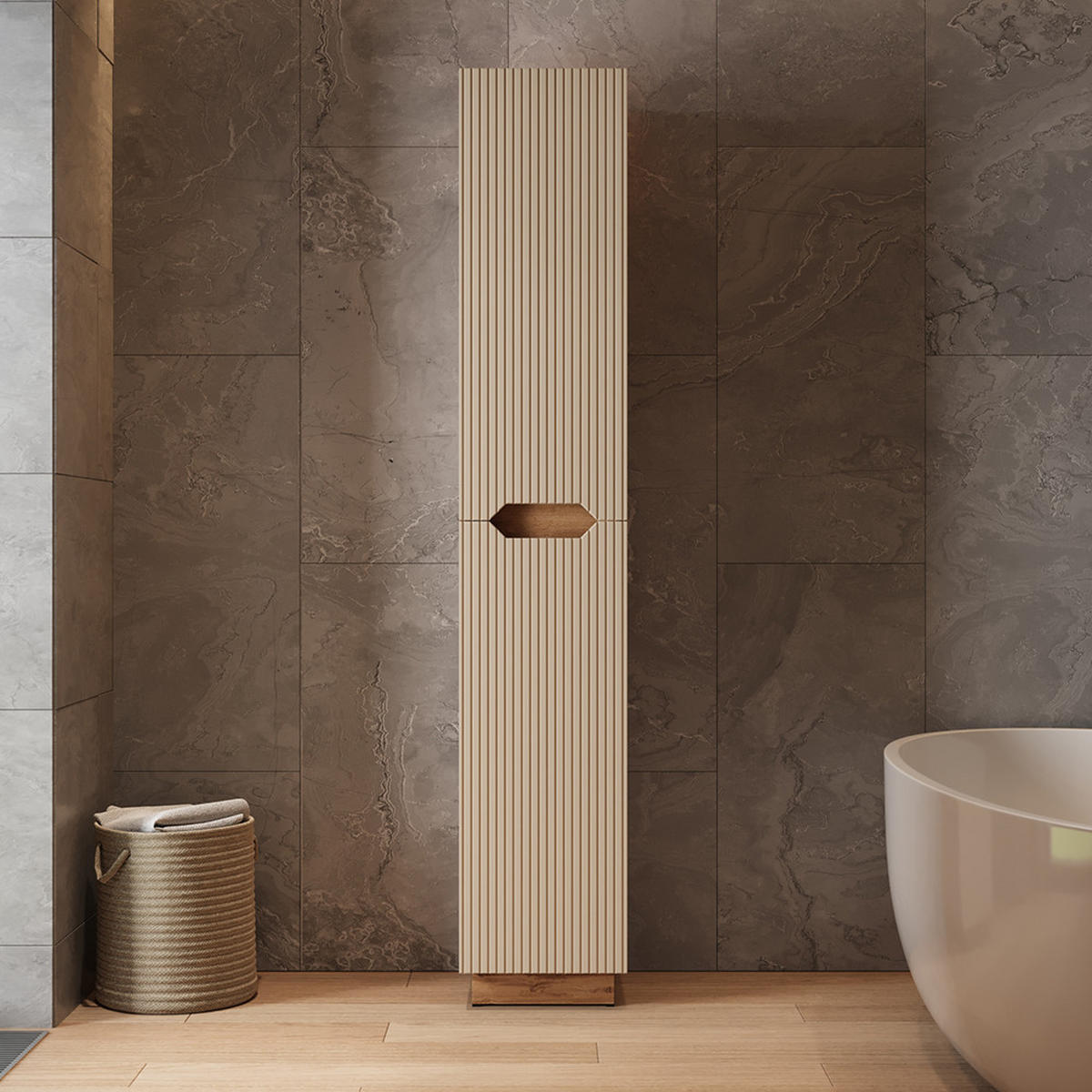 BADSCHRANK Lotta Eiche/Kaschmir gestreift 33 x 186 cm mit 2 Türen - Kaschmir/Eichefarben, Holzwerkstoff (33/186/35cm) - Vicco