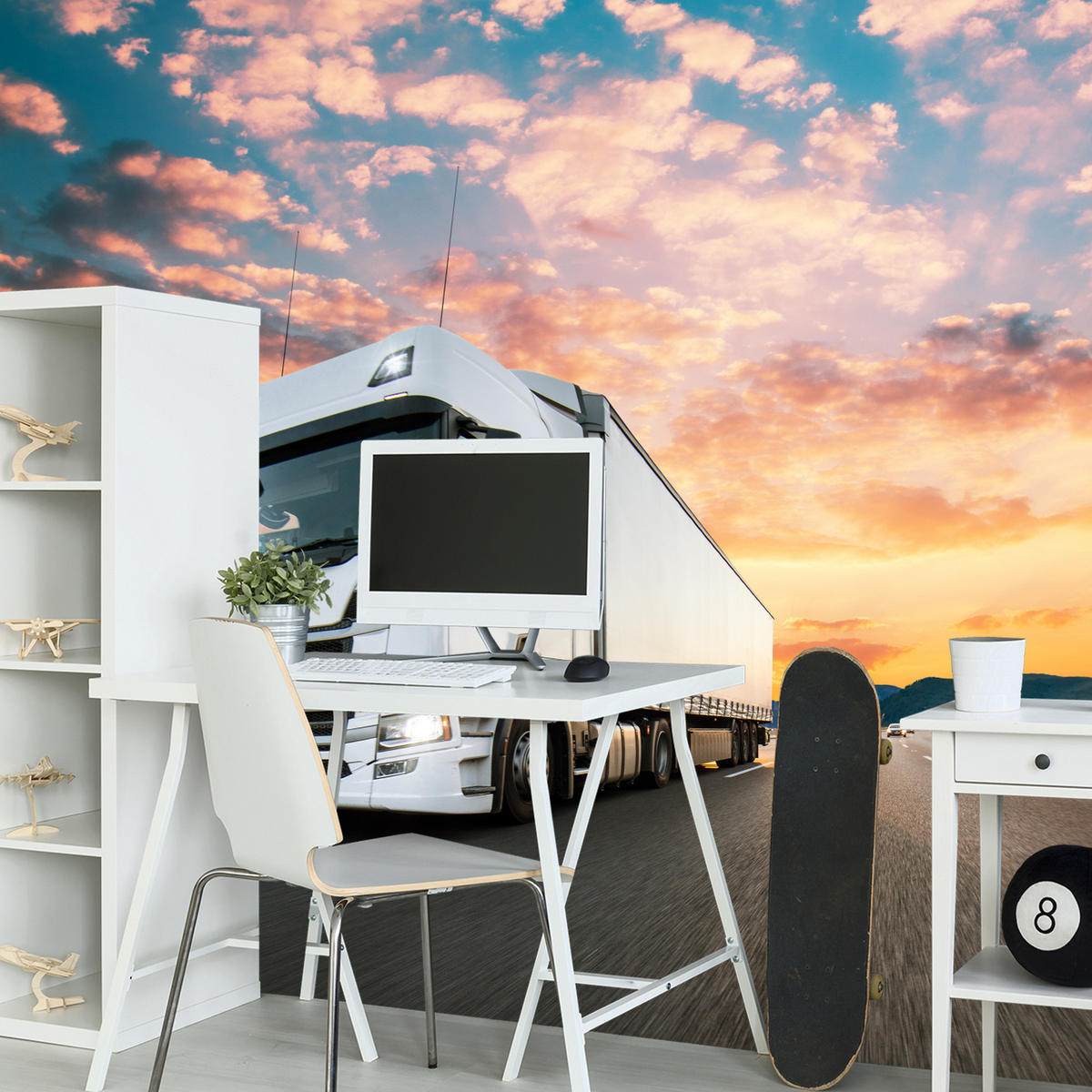 FOTOTAPETE Ein Lastwagen Autobahn Sonnenuntergang Berge 200x140 - Rosa/Orange, Papier (200/140cm) - Muralo