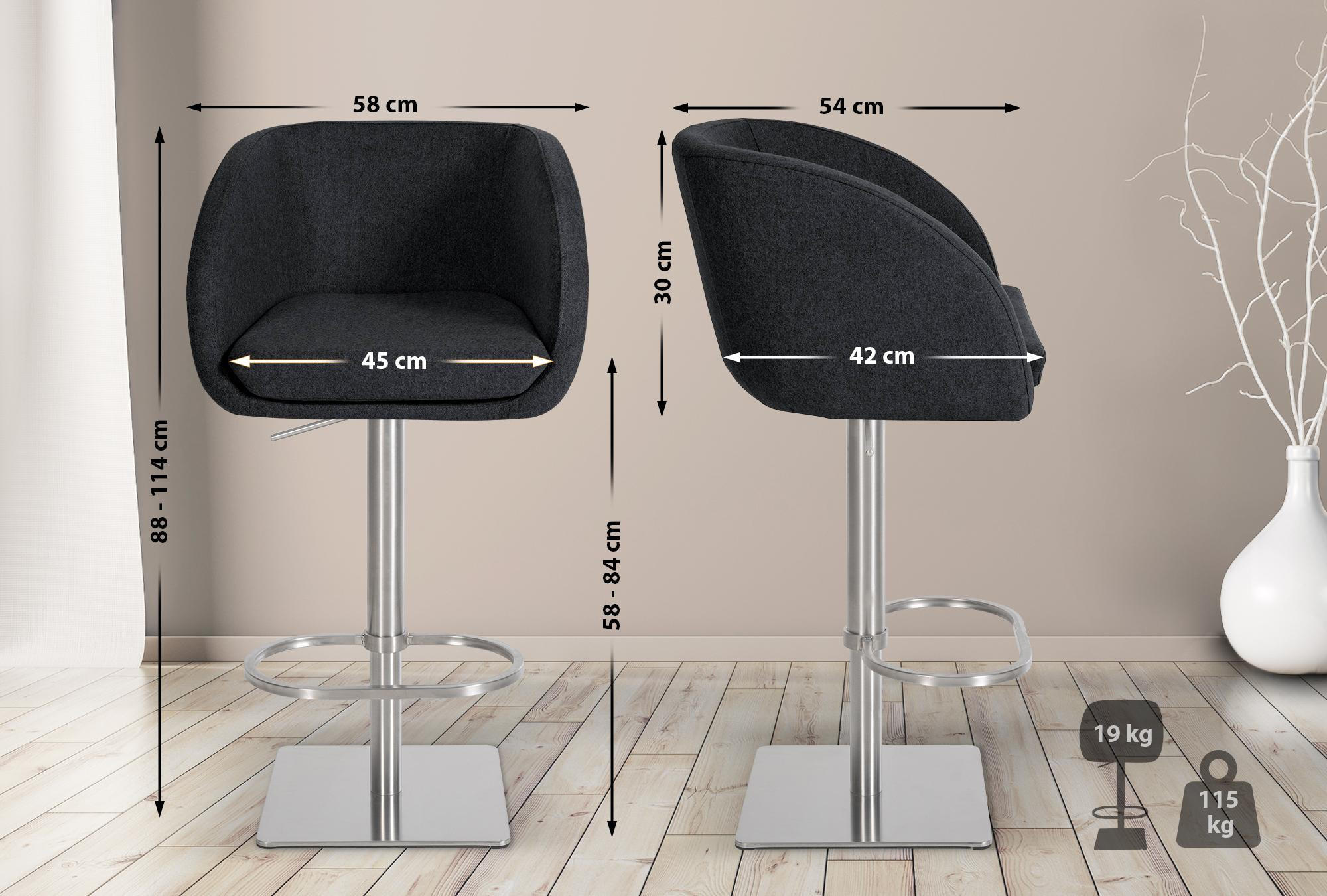 BARHOCKER Filz anthrazit - Edelstahlfarben/Anthrazit, Textil/Metall (58/88/54cm) - CLP