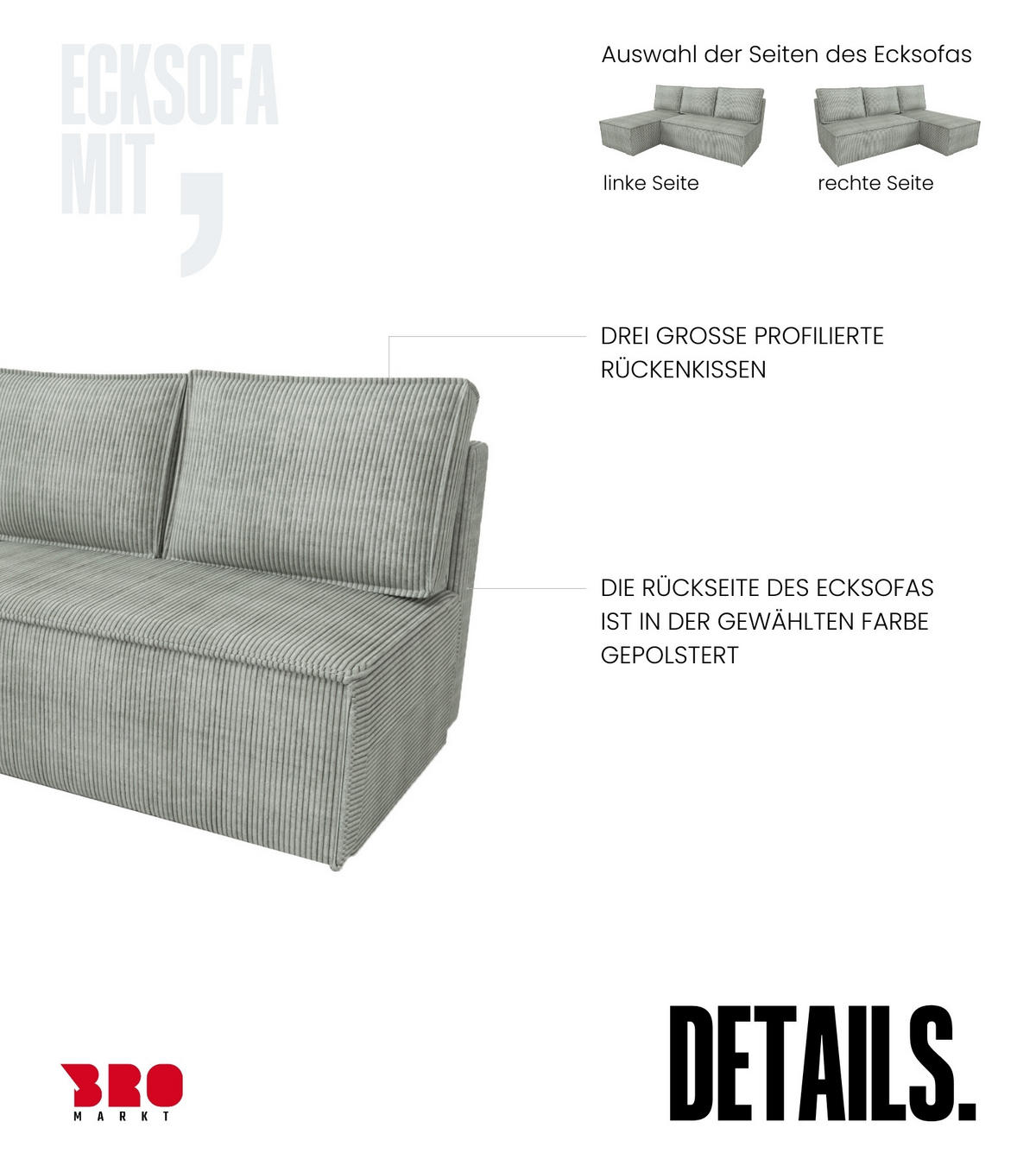 ECKSOFA Hector mit Schlaffunktion Grau Cord - Hellgrau, Textil (200/141cm) - Bromarkt