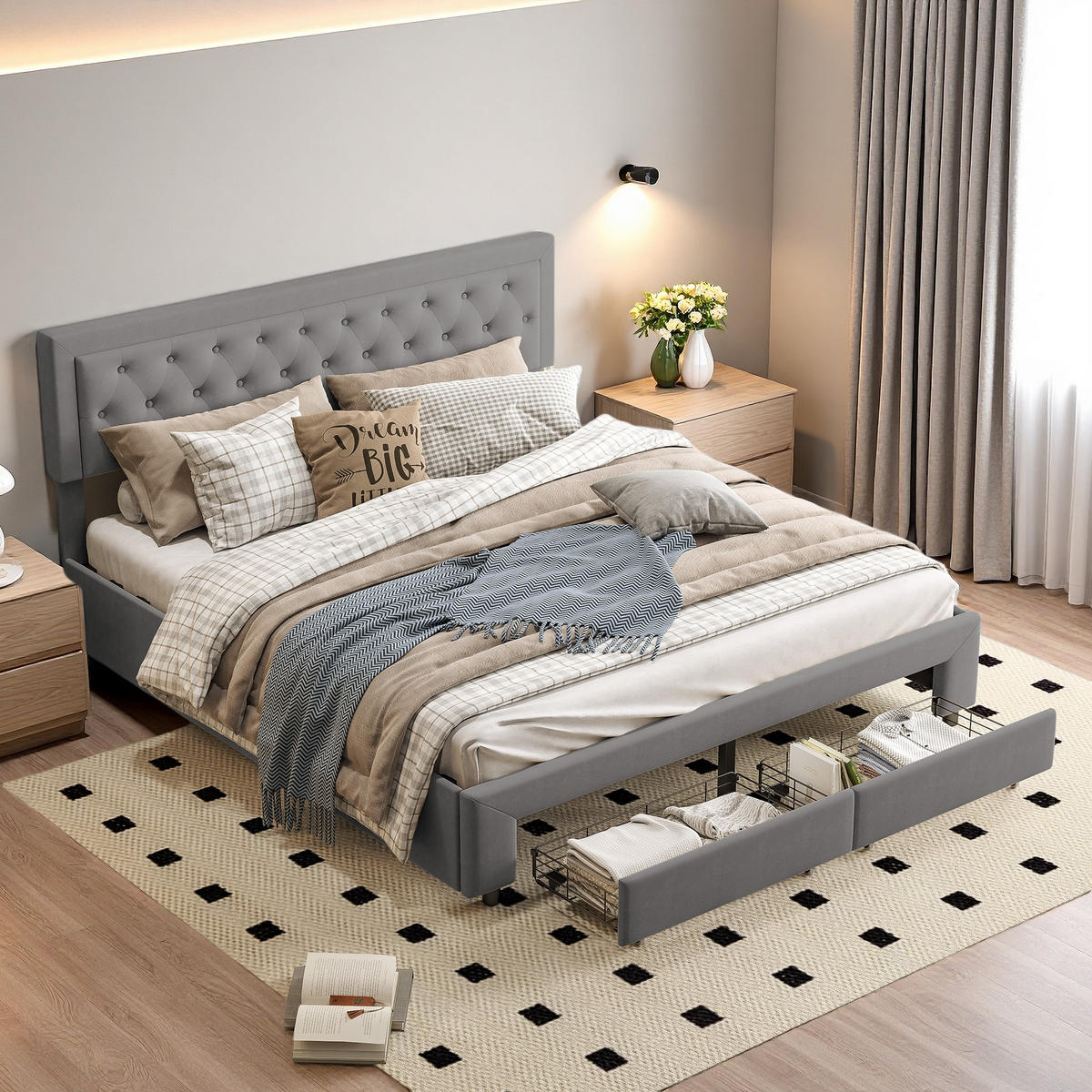 POLSTERBETT 160x200 cm Stauraum 2 Schubladen Lattenrost Samt grau - Grau, Holz (160/200cm) - LEBENLANG