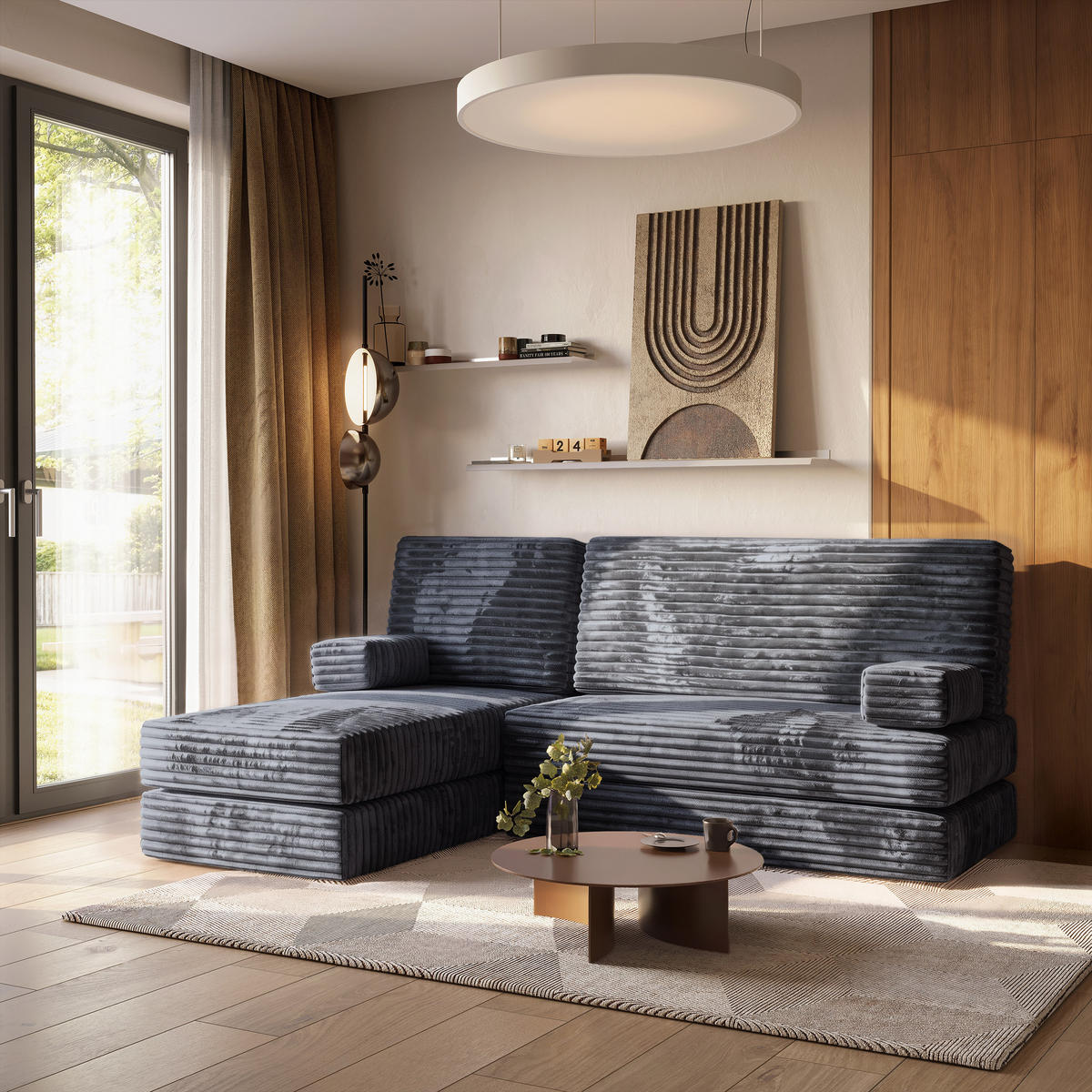 ROHOVÁ SEDAČKA NOTIA modulární Boneless pohovka s funkcí spaní, grafitová TILIA 90 - tmavě šedá, textil (200/120cm) - MASSENO