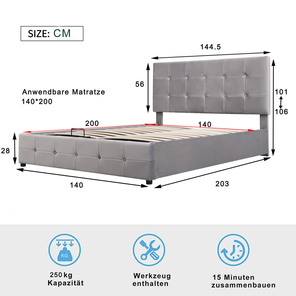 POLSTERBETT 140/200 cm grau mit hydraulischem Bettkasten und höhenverstellbarem Kopfteil - Grau, Textil (140/200cm) - OKWISH
