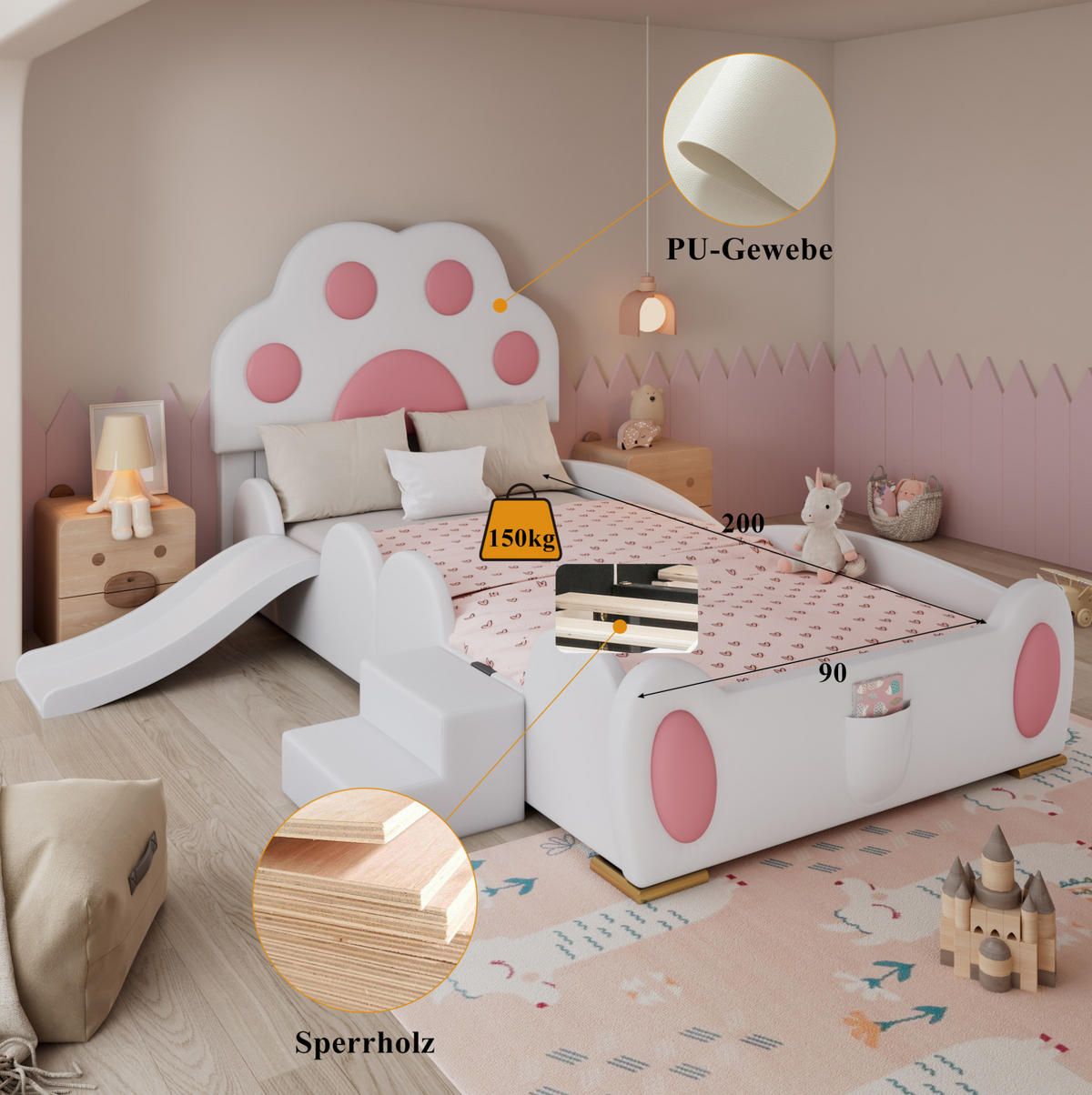 KINDERBETT 90/200 cm mit Rutsche, 2-stufiger Leiter und Katzenpfoten-Kopfteil aus PU, Weiß, Rosa - Rosa, Kunststoff (90/200cm) - Redom