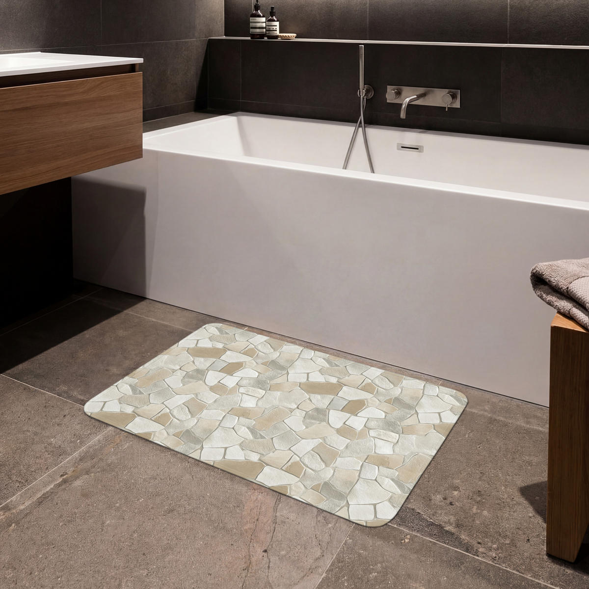 KÚPEĽŇOVÁ PREDLOŽKA Mozaika - Kamienky - béžová 80x50 cm - krémová/béžová, textil/plast (80/50cm) - OnlyWow