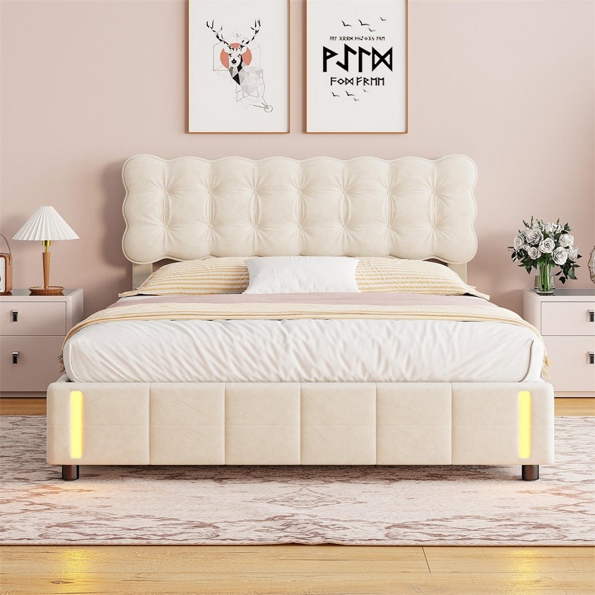 POLSTERBETT 160x200 cm - Doppelbett mit Stauraumfunktion und Bewegungsmelder-Bettendenleuchte - ohne Matratze - Beige - Beige, Textil (160/200cm) - DELFA