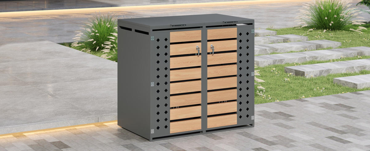 MÜLLTONNENBOX Klappdeckel 2 Türen Holzoptik - Grau, Metall (132/118.5/80cm) - LEBENLANG