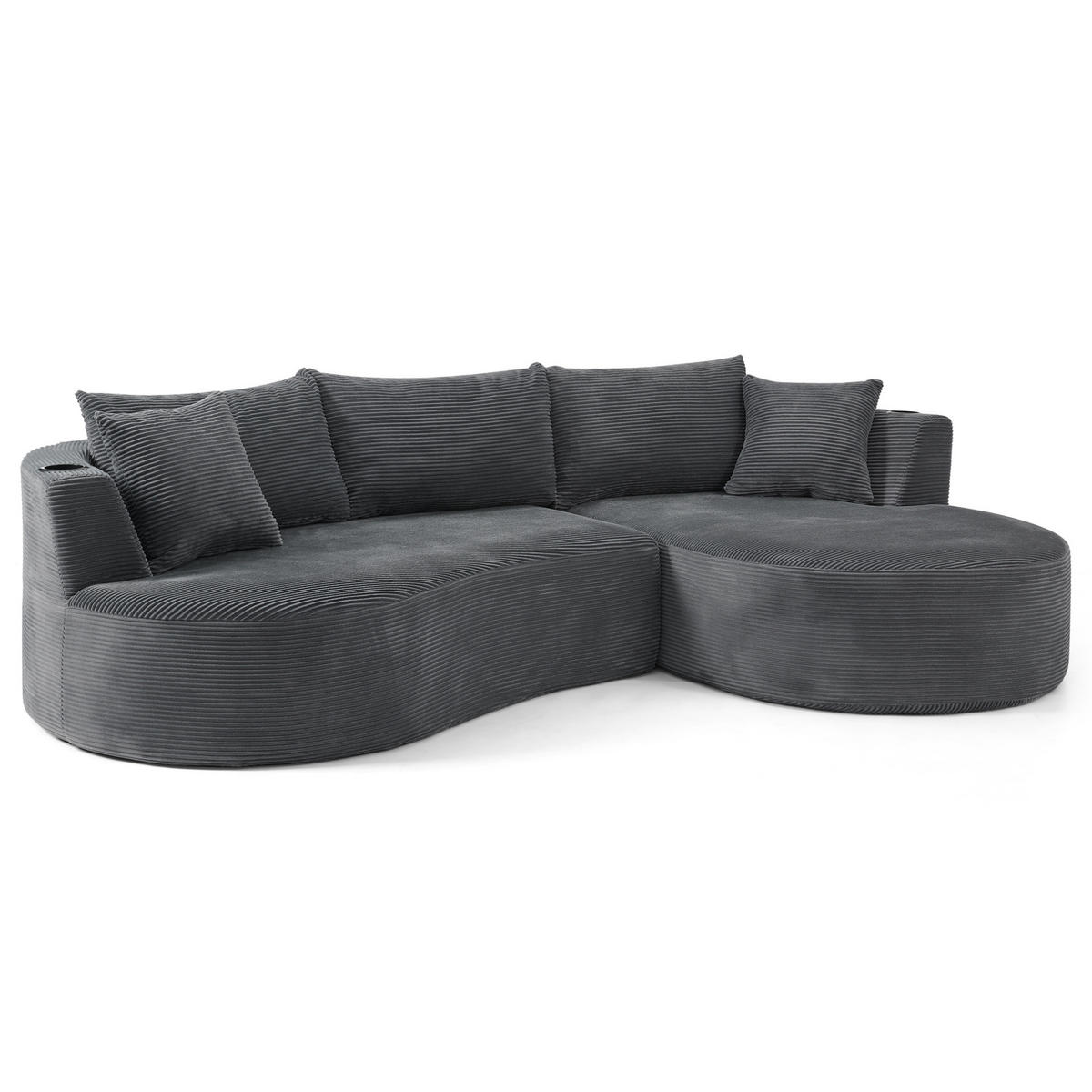 3-SITZER Sofa mit Getränkehaltern, Kissen und weichem Kordstoff, Grau - Grau, Kunststoff (264/76/168cm) - Redom