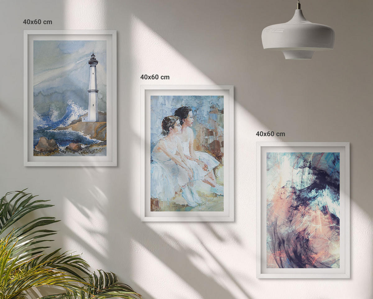 WANDBILDER 3er-Set - 40x60 cm Weißer Rahmen - Leuchtturm-Abstrakte Tänzerin - Weiß, Kunststoff (40/60cm) - ArtPrintCave