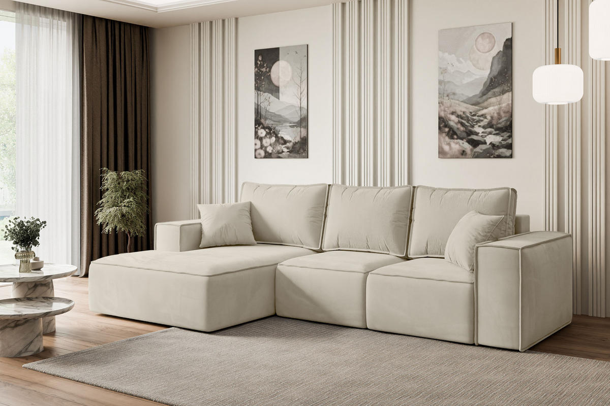 ECKSOFA mit Schlaffunktion und Bettkasten SERRA-L-S - 266x161x87 cm Beige Velours - Beige/Schwarz, Holzwerkstoff/Kunststoff (266/161cm) - ALTDECOR