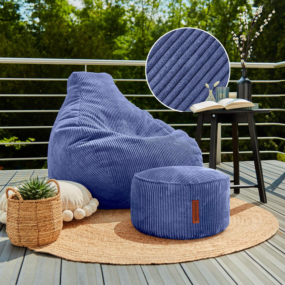 LOUNGE-SITZSACK Cozy + Fußhocker - Dunkelblau, Textil (80/90/90cm) - Green Bean