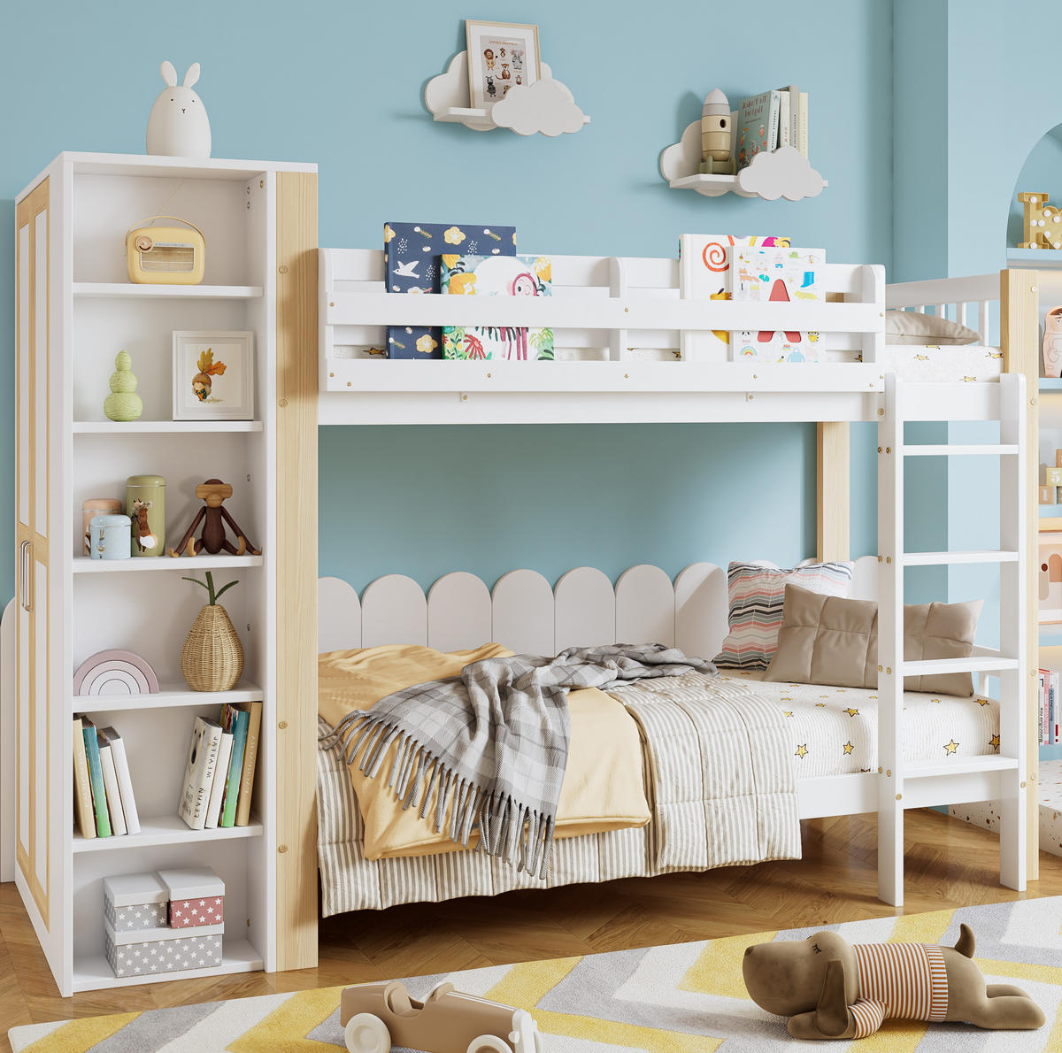 ETAGENBETT 90/200 cm in Weiß/Natur mit Kleiderschrank und Regalen - Weiß, Holzwerkstoff (90/200cm) - BEAOK