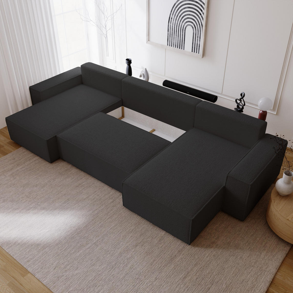 ECKCOUCH Bergamo U Bouclé mit Schlaffunktion, 380 cm, Schwarz - Schwarz, Holz (377/189cm) - Emporius