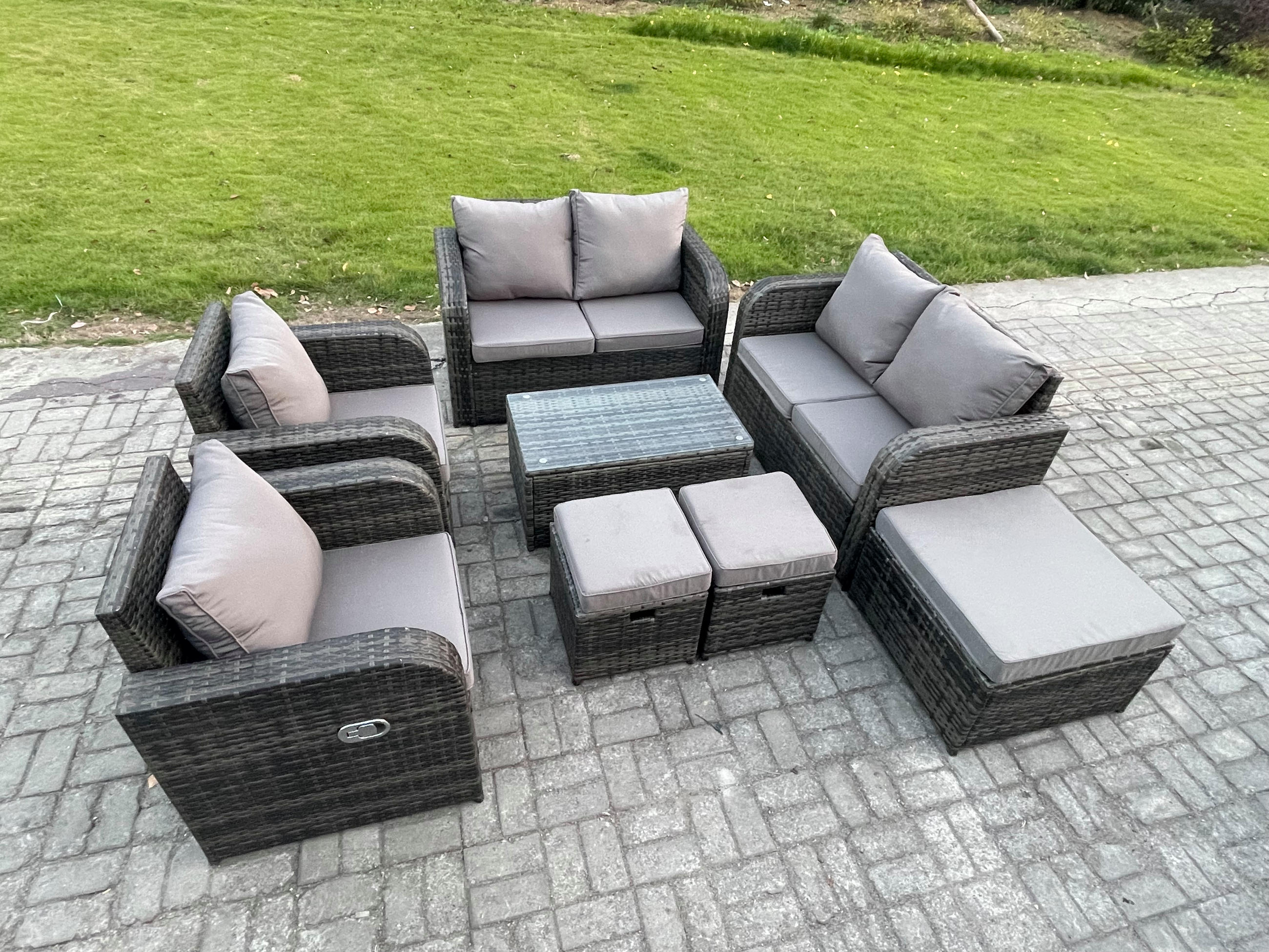 GARTENLOUNGE-SET Polyrattan Dunkelgrau 9-Sitzer - Dunkelgrau, Metall - Fimous