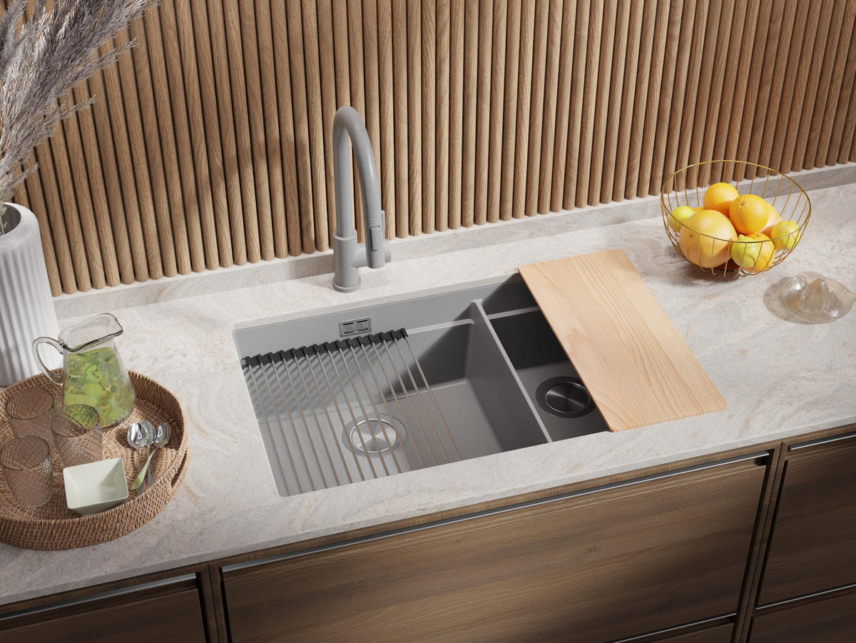 GRANITSPÜLE Praga Slim Duo, 2-er set Grau 76/47 cm 2 Becken + Küchenarmatur 40/20 cm + Ablauf-Set + Aufrollbare Abtropffläche ab 80er Unterschrank - Chromfarben/Grau, Kunststoff (76/20/47cm) - Primagran