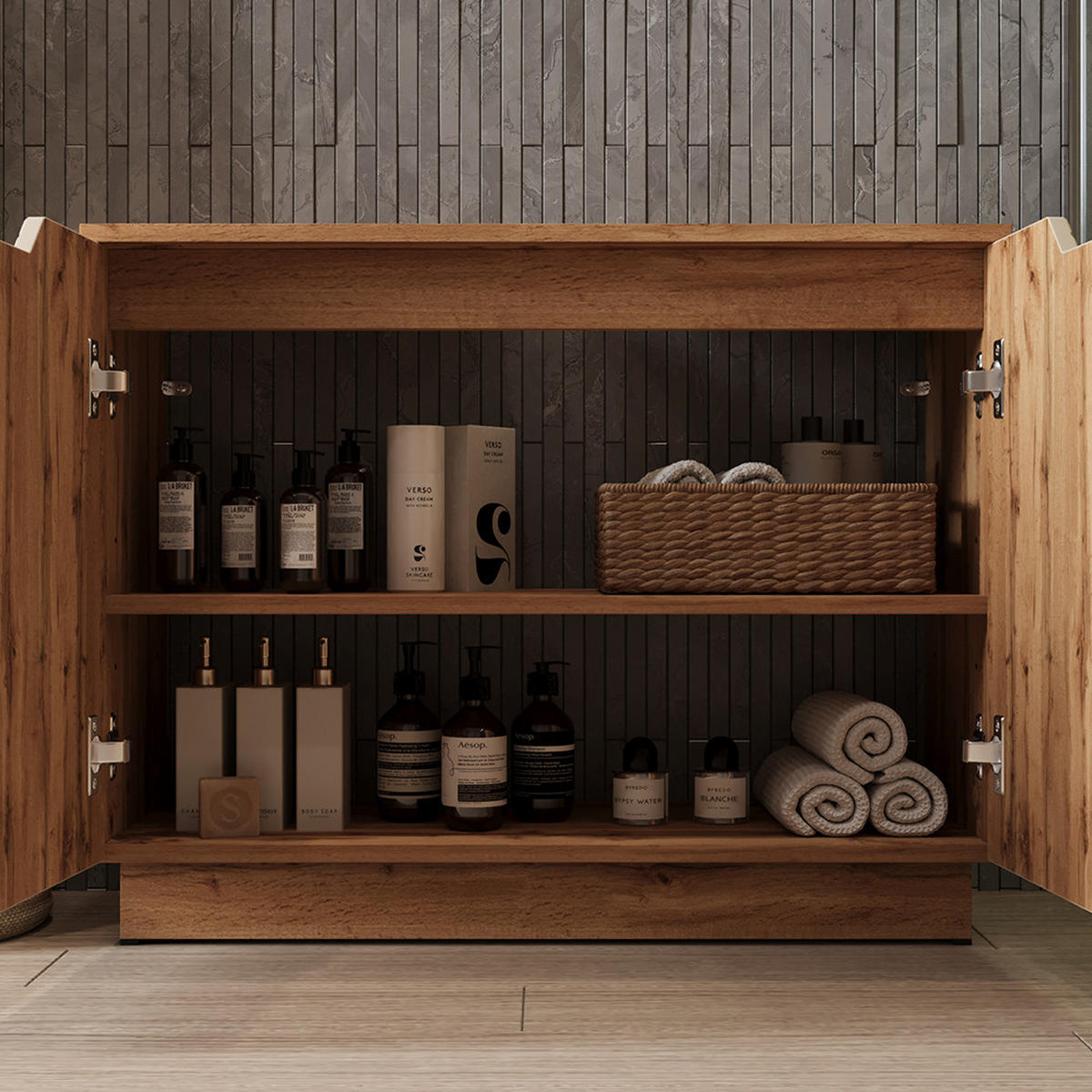 BADMÖBEL-SET Lotta Eiche/Kaschmir gestreift 4 Teile - Kaschmir, Holzwerkstoff (79.6/62.1/32cm) - Vicco