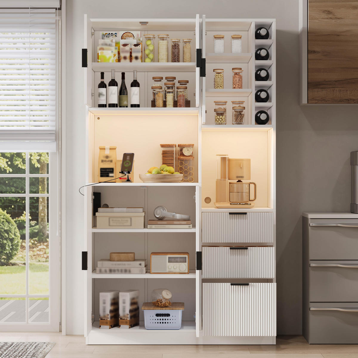 BUFFET DE-38683 105/40/180 cm LED-Beleuchtung und Weinregal Weiß - Weiß, Holzwerkstoff (105/180/40cm) - ComfortXL