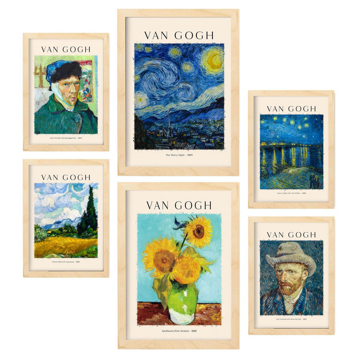 POSTER Set Mit 6 Van Gogh Malergalerie A3 & A4 Rahmen Aus Hellem Holz - Beige, Papier (29/3cm) - Nacnic