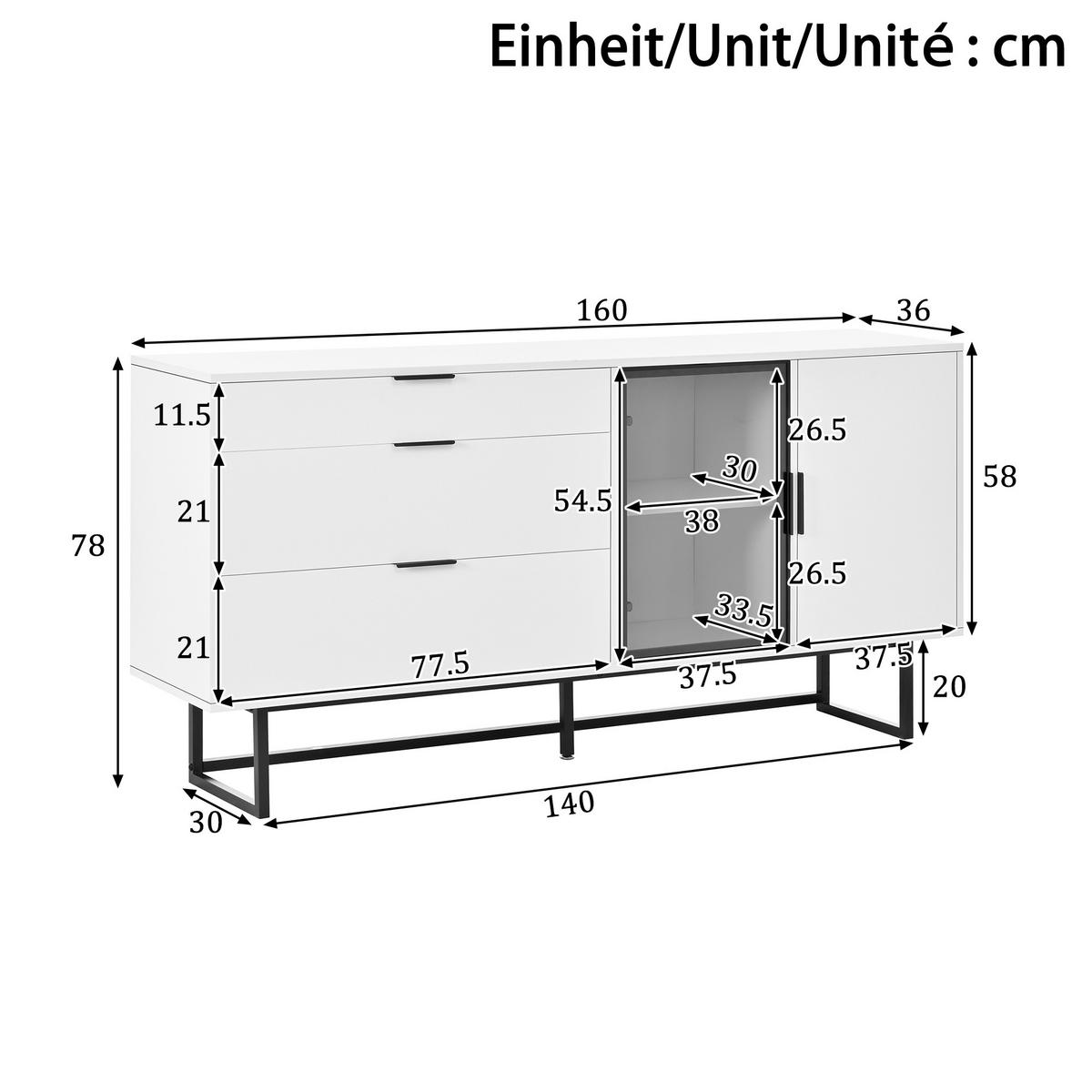 SIDEBOARD Weiß Glas Türen 3 Schubladen LED - Weiß, Holz (160/78/36cm) - LEBENLANG
