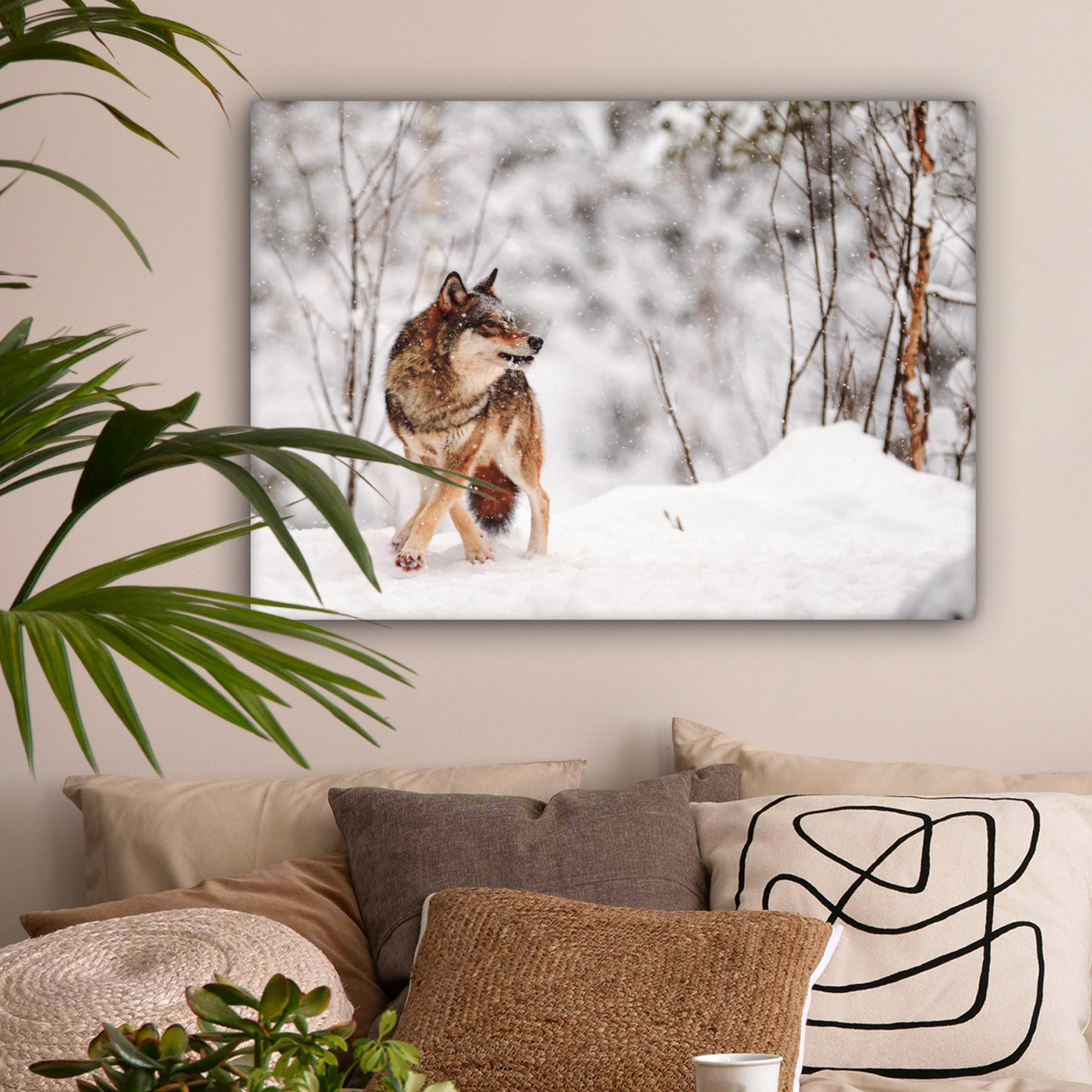 LEINWANDBILD Wolf - Winter - Schnee - Natur - Tiere Wandbilder 80x60 cm - Haselnussfarben, Textil (80/60cm) - MuchoWow