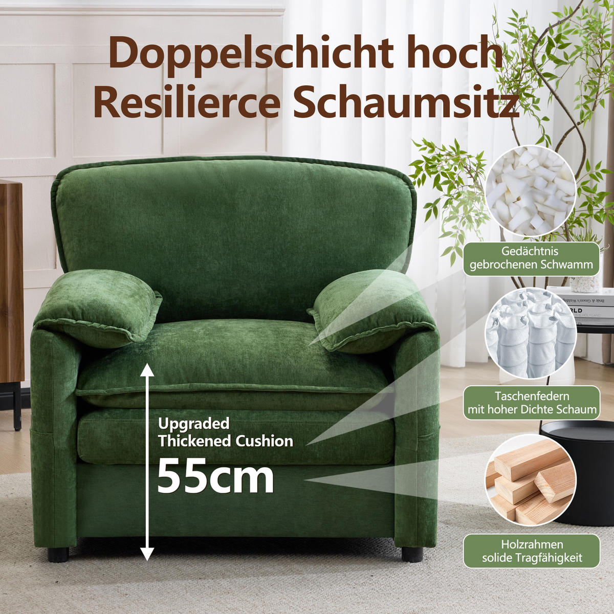 SOFA Chenille Dunkelgrün mit Doppeltaschen - Grün, Holzwerkstoff/Textil (96/90/92cm) - WISHDOR
