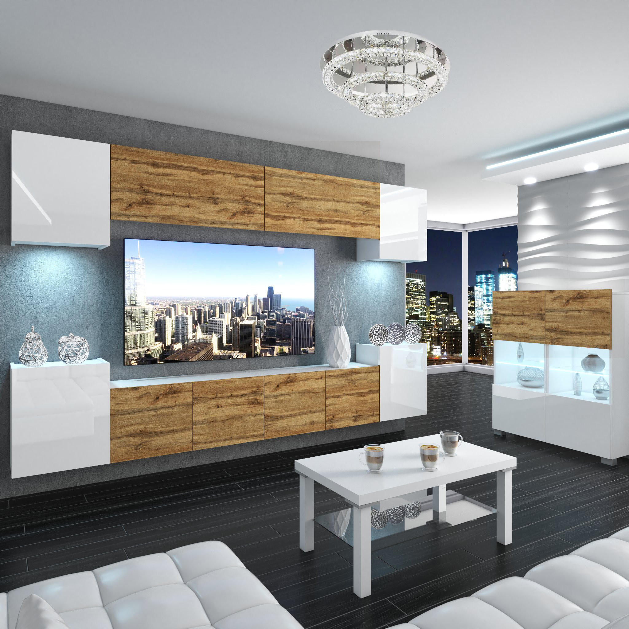 WOHNZIMMERWAND Schrankwand mit LED Weiß / Eiche Wotan Top - Weiß/Braun, Holz (300/180/36cm) - B BELINI GROUP