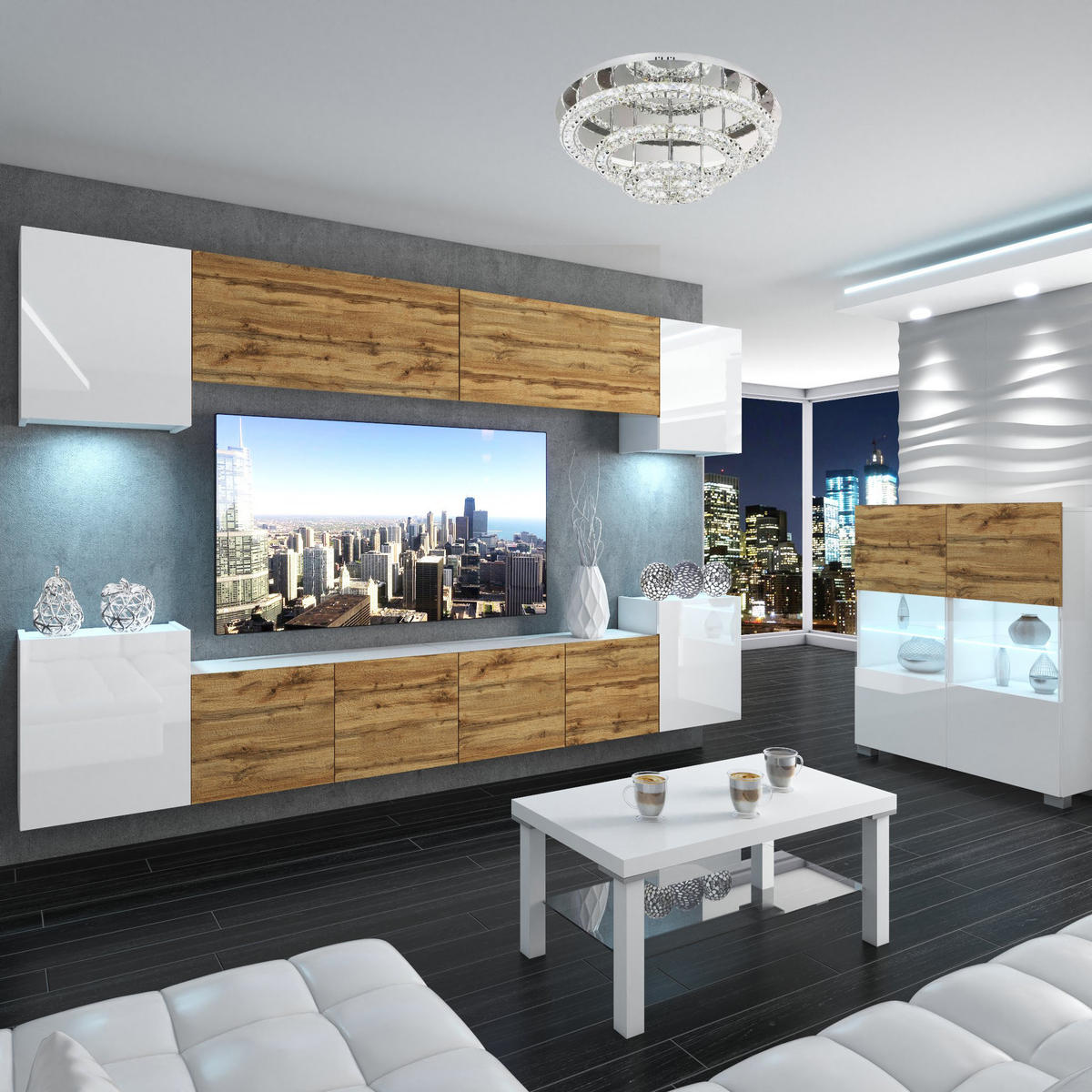 WOHNZIMMERWAND Schrankwand mit LED Weiß / Eiche Wotan Top - Weiß/Braun, Holz (300/180/36cm) - B BELINI GROUP