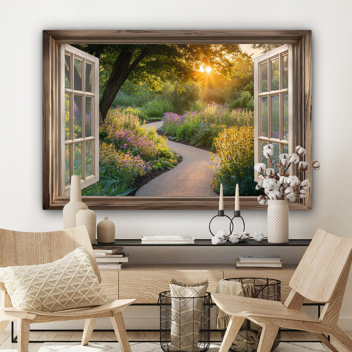 LEINWANDBILD Aussicht - Blumen - Natur - Sonne - Weg Wohnzimmer 120x80 cm - Hellgelb, Textil (120/80cm) - MuchoWow