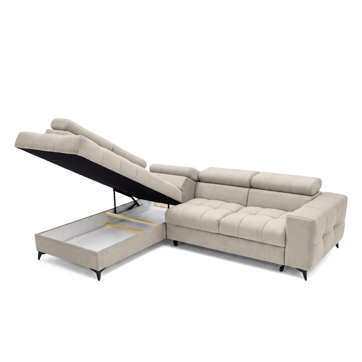 ECKSOFA PUDDING L Links mit Schlaffunktion 125x195 Velours Creme - Creme/Schwarz, Holz/Textil (203/275cm) - Muffo