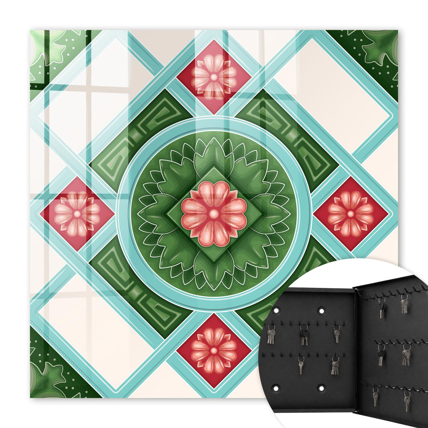 SCHLÜSSELBOX Schwarz 30x30 cm- Türöffnung nach rechts - Florale Geometrie - Grün, Metall (30/30/5cm) - TULUP