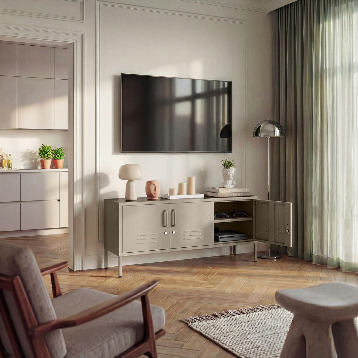 SIDEBOARD Baker, Kippschutz, höhenverstellbare Füße, taupe - Taupe, Metall (120/55.5/37.5cm) - tectake