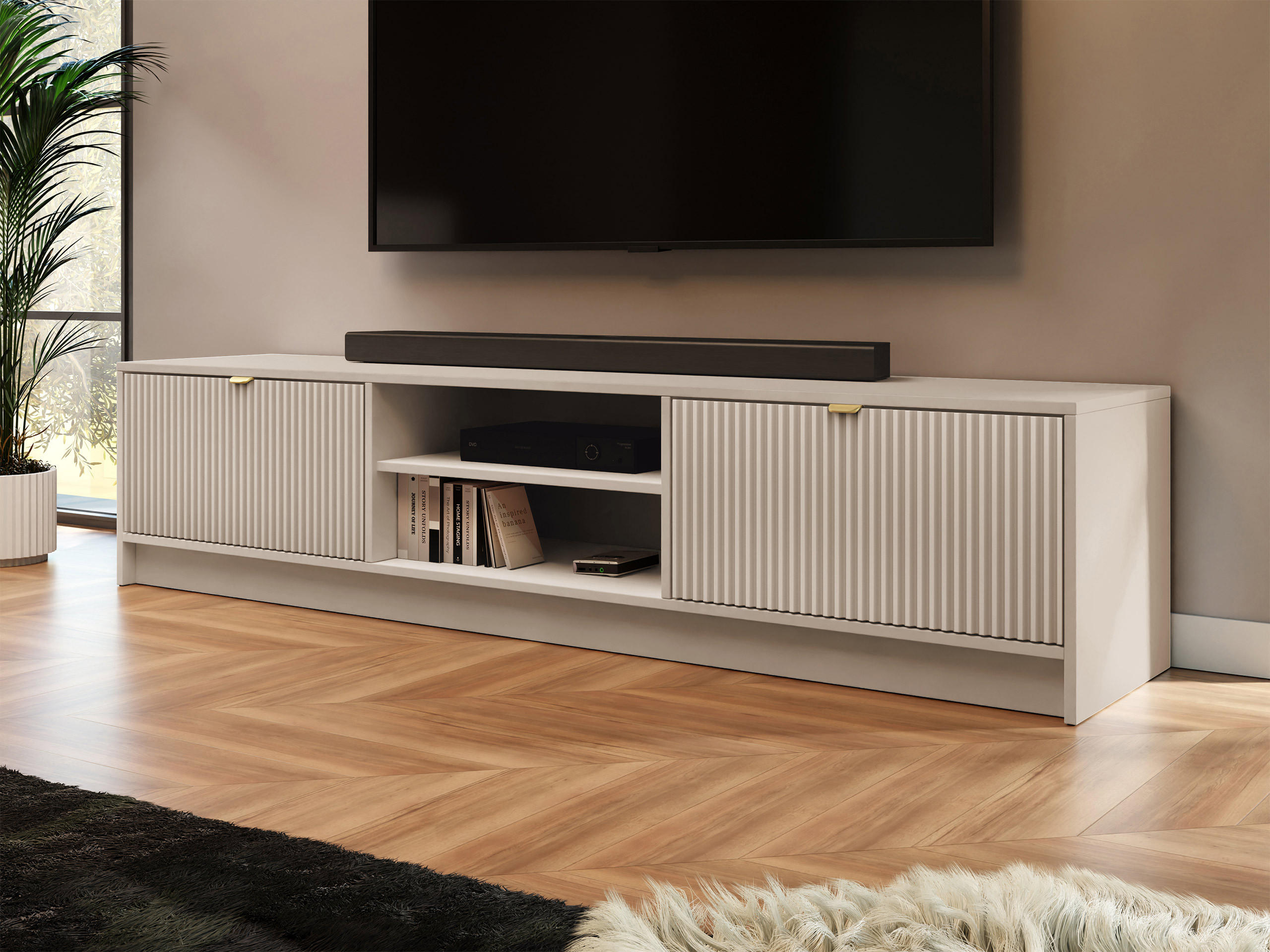 TV-ELEMENT Tireno - Sandfarben/Goldfarben, Holzwerkstoff/Metall (180/40/40cm) - MIRJAN24