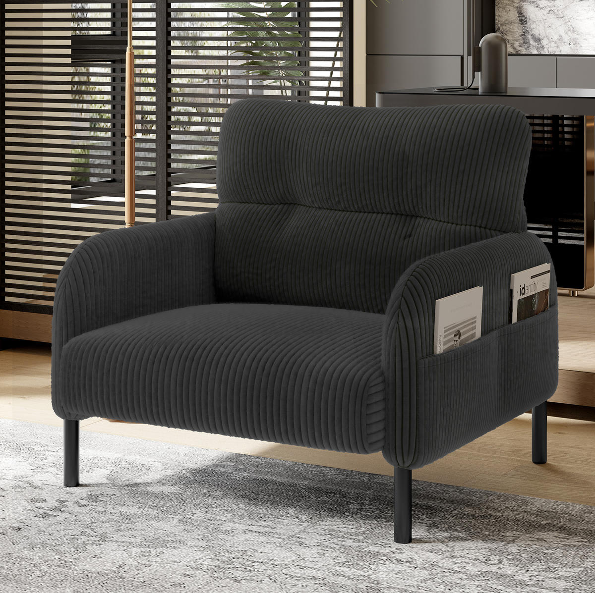SESSEL 67/75/79 cm in Grau aus Cord mit Seitentasche und Metallgestell - Grau, Textil (67/79/75cm) - BEAOK