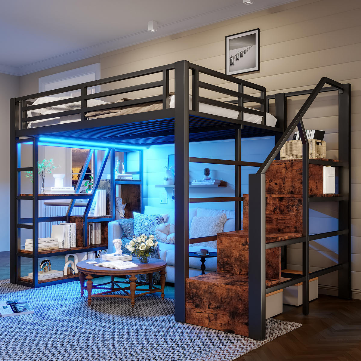 HOCHBETT aus Metall und MDF 140x200 cm in Schwarz mit LED & Stauraum - Rosa, Metall (140/200cm) - Modfu