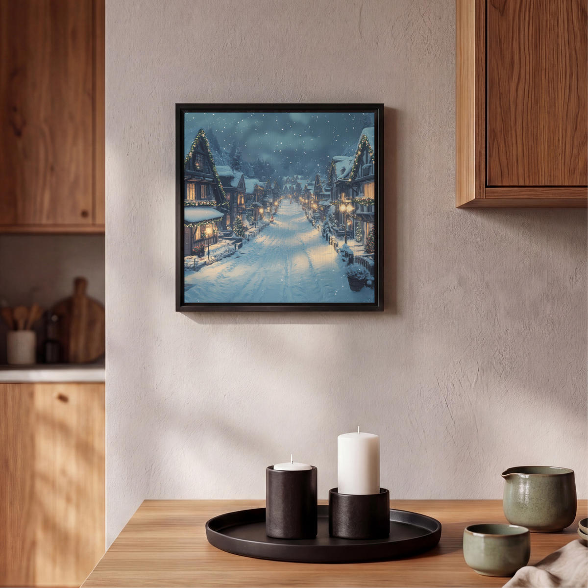 LEINWAND Bilder mit Rahmen - Weihnachtsdorf - Weihnachten - Schnee - Winter - 20x20 - Dunkelblau, Textil (20/20cm) - MuchoWow