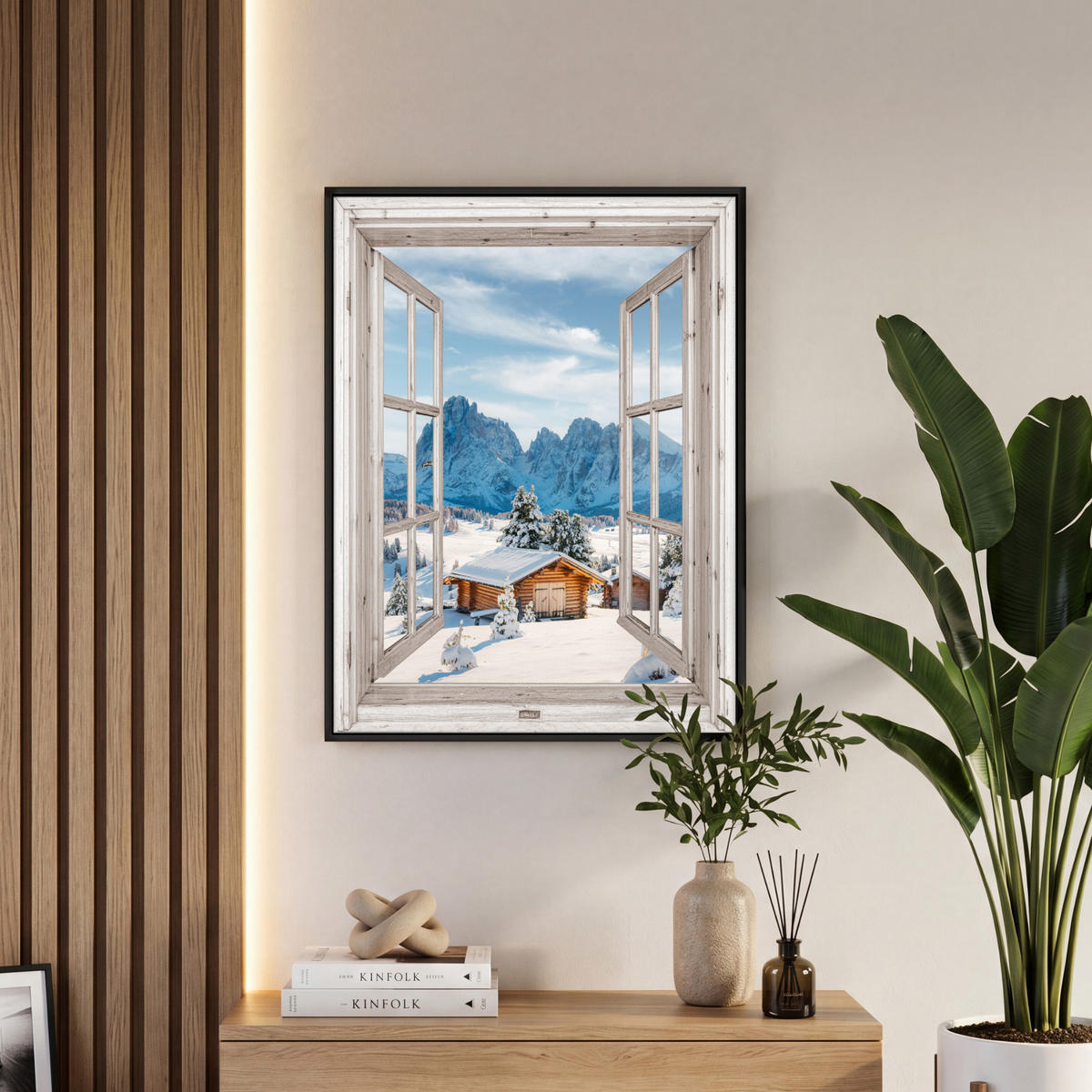 LEINWAND Bilder mit Rahmen - Winterlandschaft - Hütte - Berge - Ausblicke - Aussicht - Natur - 50x70 - Weiß Hochglanz, Textil (50/70cm) - MuchoWow