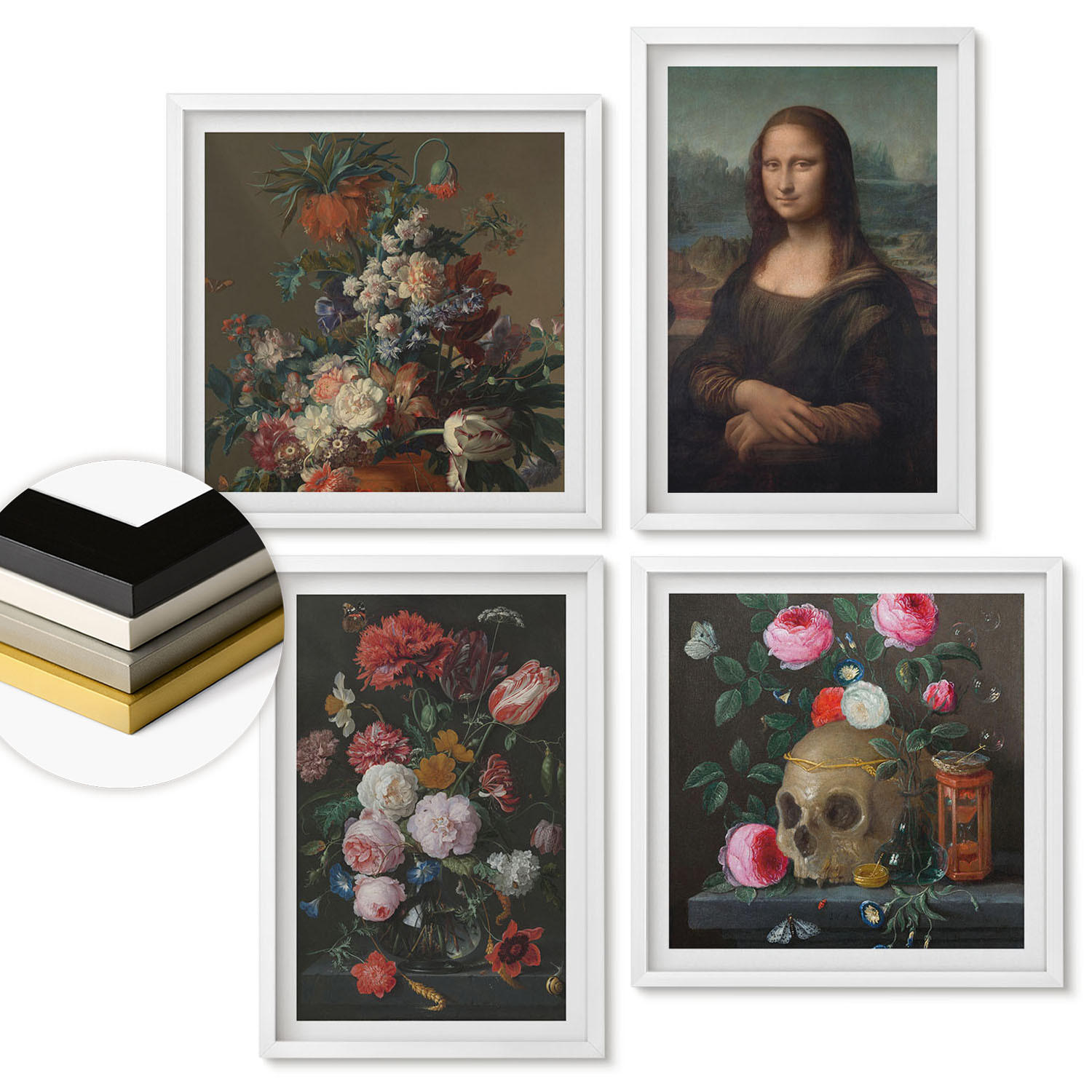 WANDBILDER 4er-Set - 50x50 cm & 40x60 cm Weißer Rahmen - Vintage Blumen Totenkopf Mona Lisa - Weiß, Kunststoff (50/50cm) - ArtPrintCave