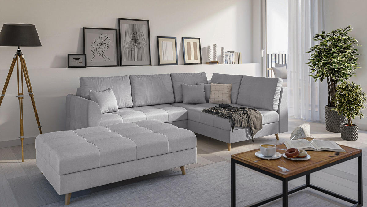 ECKSOFA MIT HOCKER Lorine Mikrofaser Grau - Hellbraun/Grau, Buchenholz/Textil (231/161cm) - S-Style Möbel
