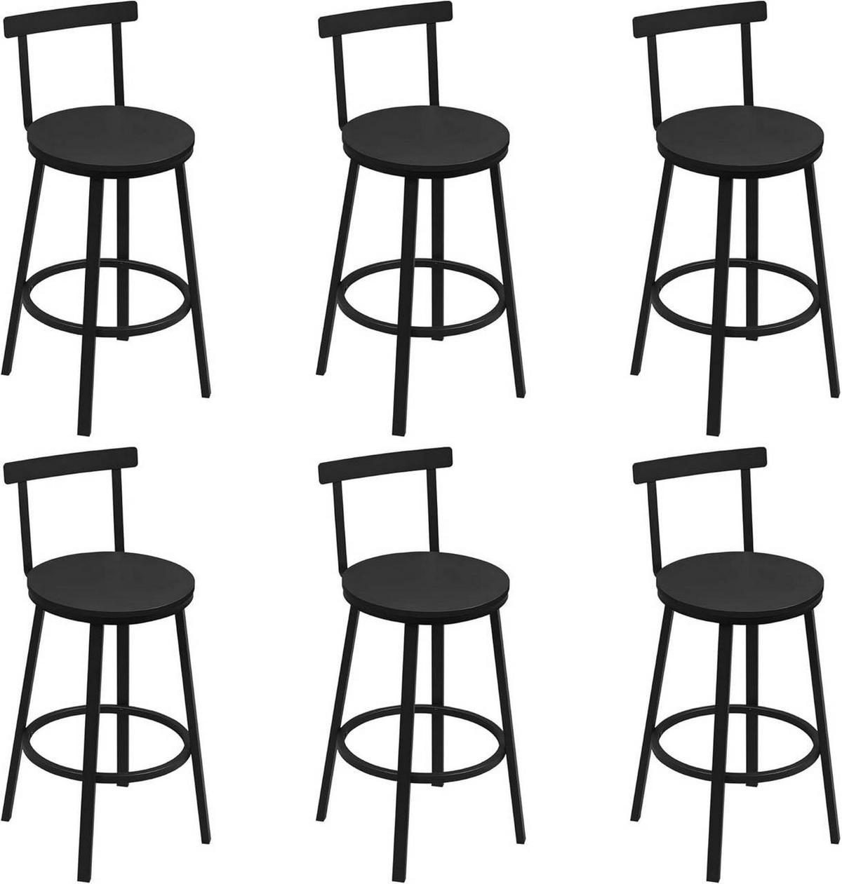BARHOCKER 6er Set mit Lehne, Schwarz - Schwarz, Holzwerkstoff/Metall (51.5/89/51.5cm) - Woltu