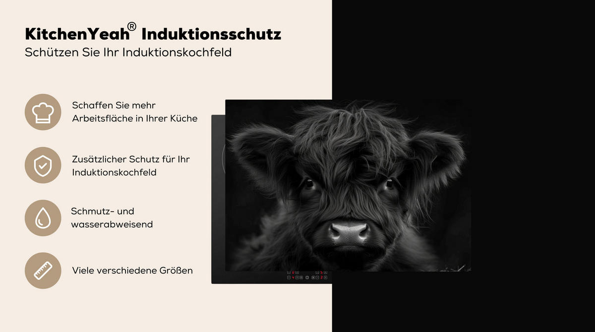 HERDABDECKPLATTE Scottish Highlander - Schwarz - Kalb - Kuh Herdabdeckung Induktionsfeld 75x52 cm - Schwarz, Kunststoff (75/52/0.2cm) - MuchoWow