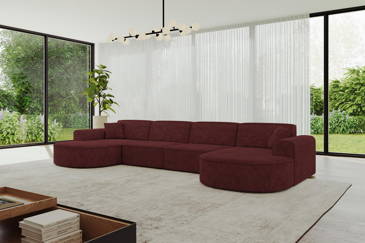 WOHNLANDSCHAFT MARI-U2 - 388x171x79 cm Bordeaux Velours - Bordeaux/Schwarz, Holzwerkstoff/Kunststoff (388/79/171cm) - ALTDECOR