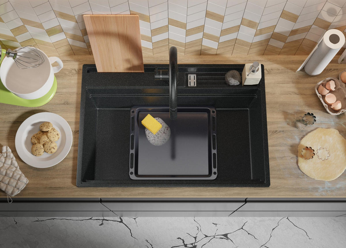 SPÜLBECKEN Oslo Pocket, 2-er set Anthrazit 78/53 cm 1 Becken + Ablauf-Set + Küchenzubehörset ab 80er Unterschrank - Chromfarben/Anthrazit, Kunststoff (78/20/53cm) - Primagran