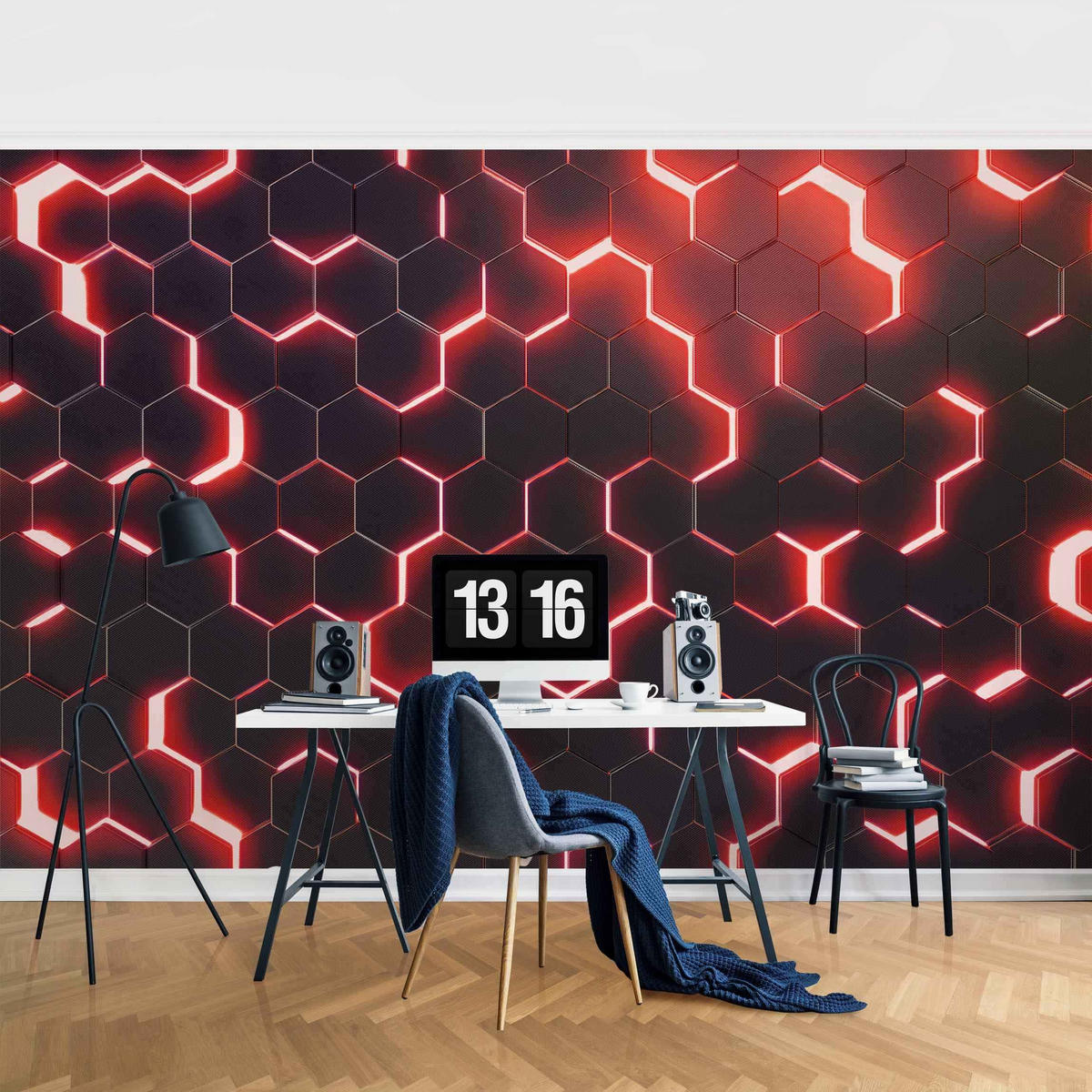 FOTOTAPETE Strukturierte Hexagone mit Neonlicht in Rot 288/190 cm - Schwarz, Papier (288/190cm) - Bilderwelten