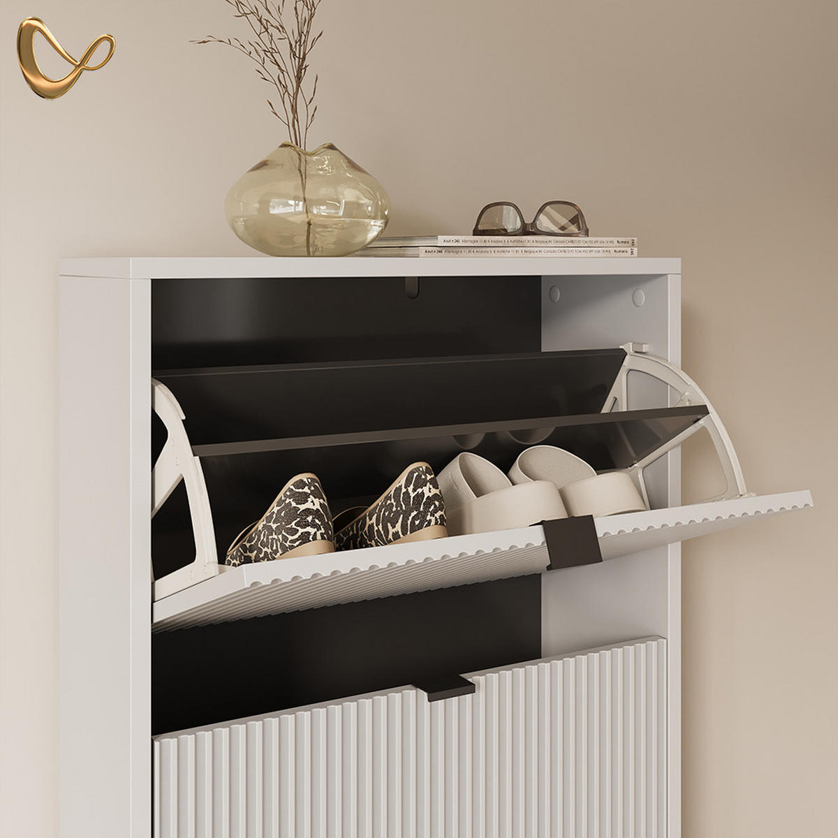 SCHUHKIPPER Aterno Weiß 60 x 130 cm mit 3 Klappschubladen - Weiß, Holzwerkstoff (60/130/24cm) - Livinity®