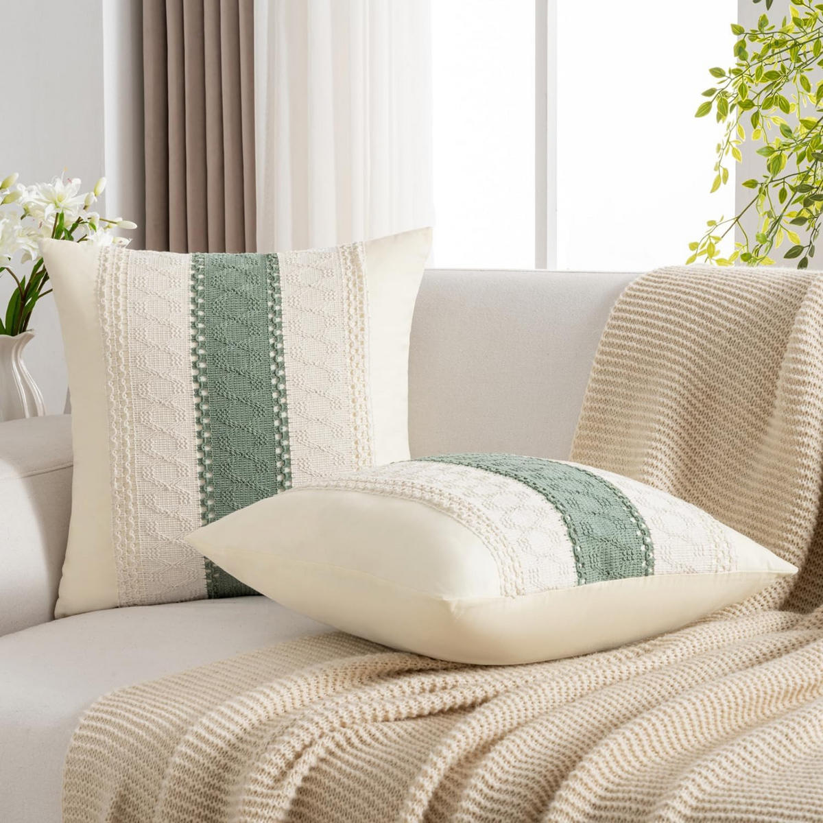 KISSENBEZUG – Füllung nicht enthalten – weiß und grün – 45 x 45 cm – 2er-Set - Weiß, Textil (45/45cm)