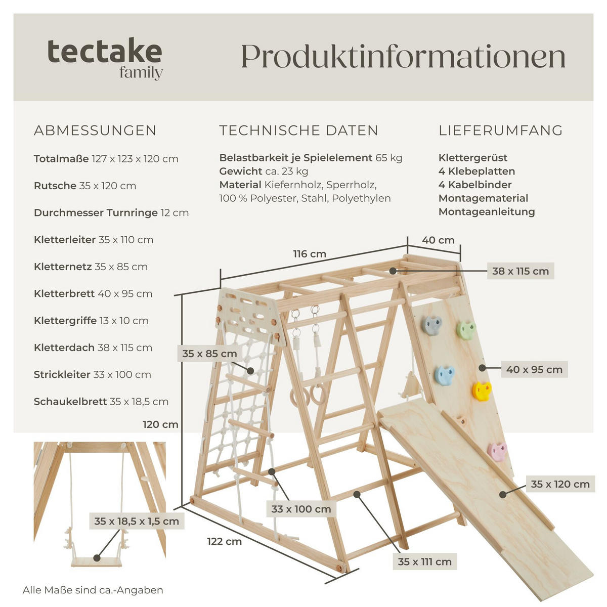 KLETTERGERÜST Mont Blanc, splitterfrei, abgerundete Ecken und Kanten, hellbraun - Hellbraun, Holz (127/120/123cm) - tectake