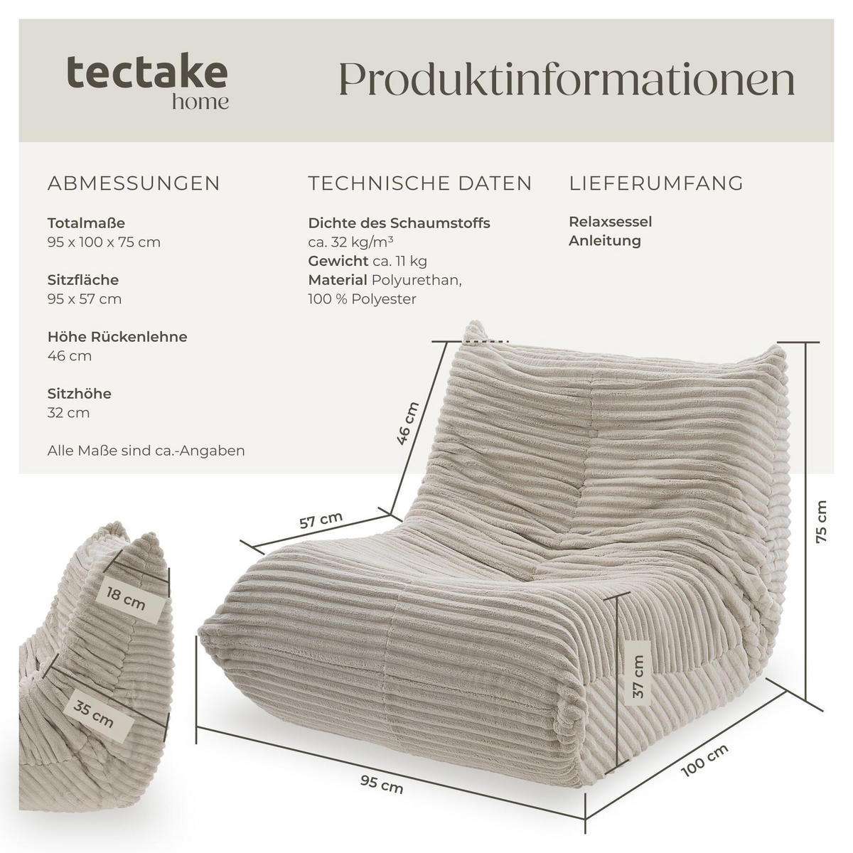 RELAXSESSEL Logo, 95 x 100 x 75 cm, Samtcord beige - Beige, Textil (95/75/100cm) - tectake