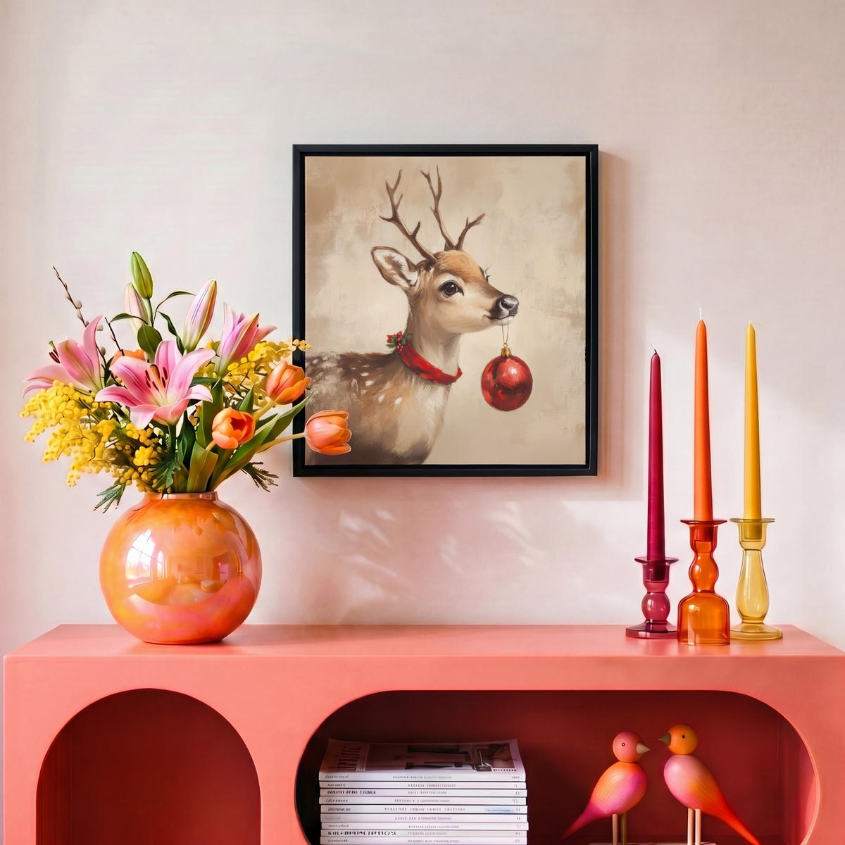LEINWAND Bilder mit Rahmen - Weihnachten - Hirsch - Geweih - Weihnachtskugel - Rentier - 20x20 - Hellbraun, Textil (20/20cm) - MuchoWow