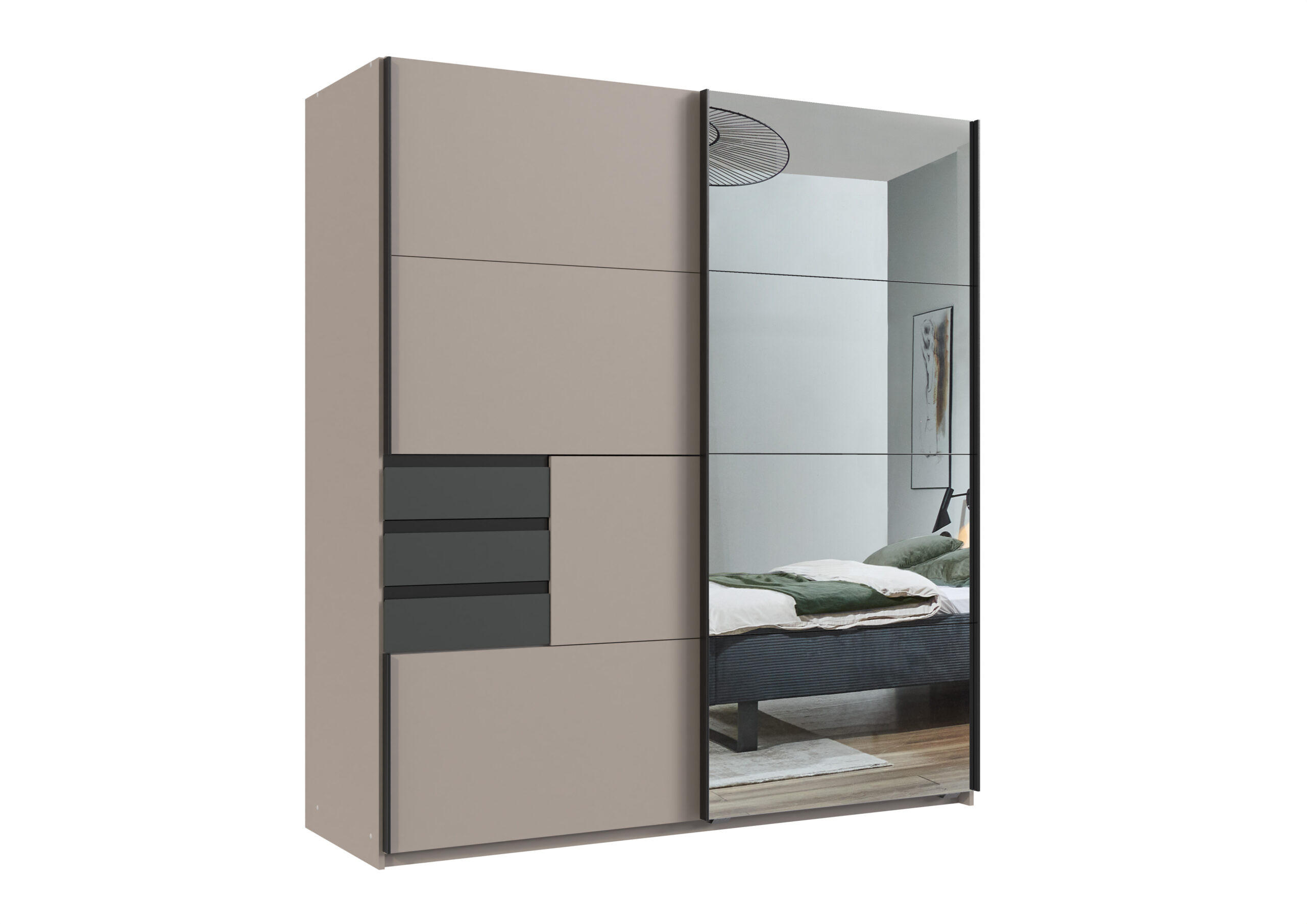 KLEIDERSCHRANK Osnabrück in Saharagrau mit Grafit 180x198x65 cm BxHxT – Schwebetürenschrank mit Spiegel - Grau, Holzwerkstoff (180/65/198cm)